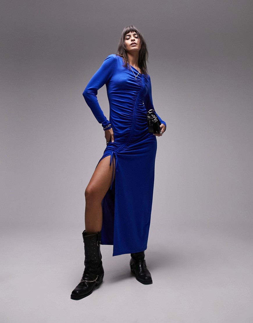 Topshop super soft ruched front long sleeve midi dress in cobalt blue
