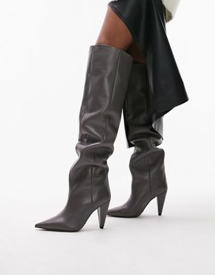 Tabitha premium leather cone heel knee high boot in grey