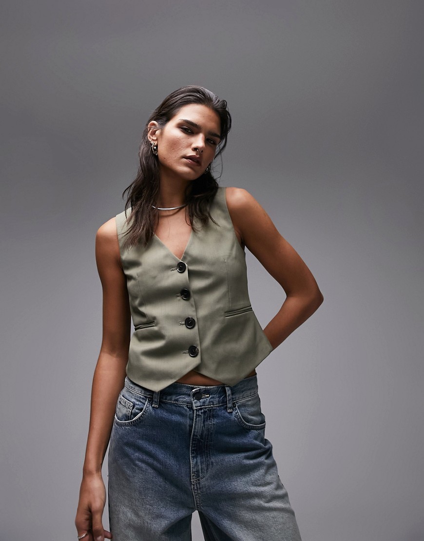 Topshop tailored fitted waistcoat with back tab in khaki-Green