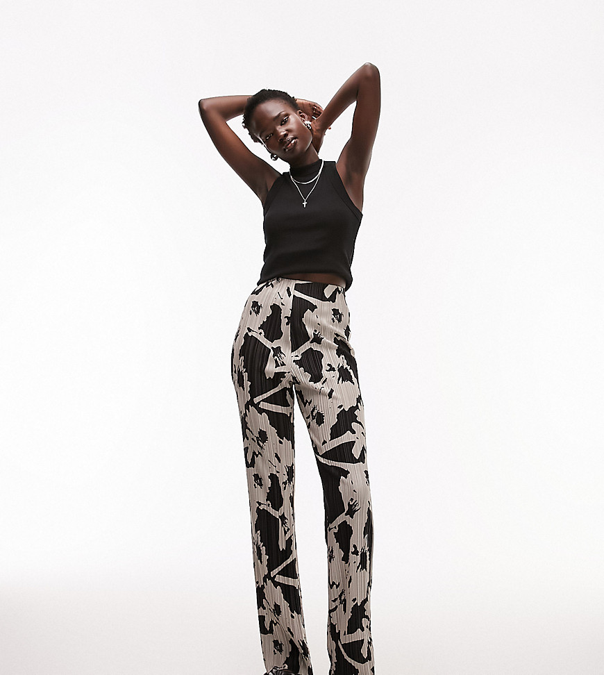 Topshop Tall floral printed plisse straight leg trouser in mono-Multi