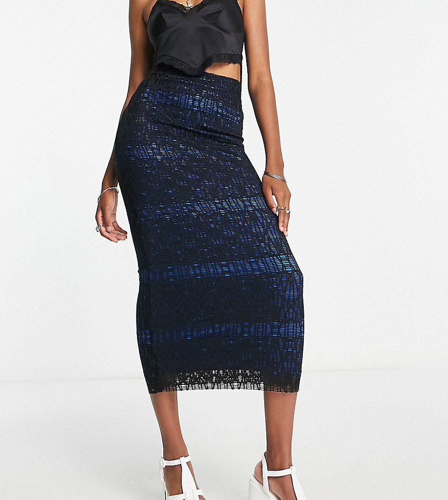 Topshop tall jersey lace contrast lining tube midi skirt in black and cobalt