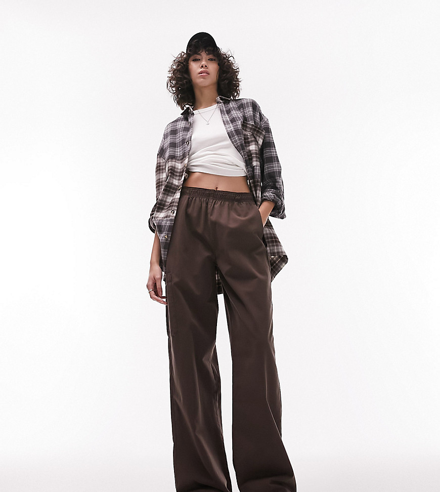 Topshop Tall pull on straight leg cargo trouser in chocolate-Brown
