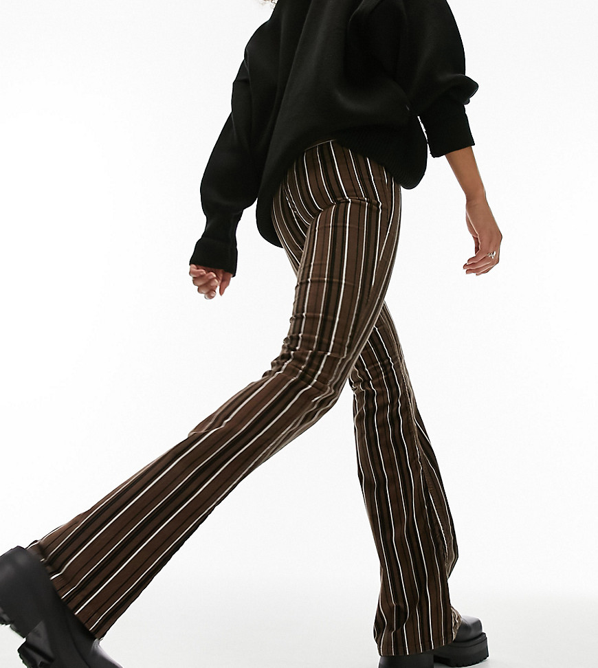 Topshop Tall stripe print low rise cord flare trouser in chocolate-Brown