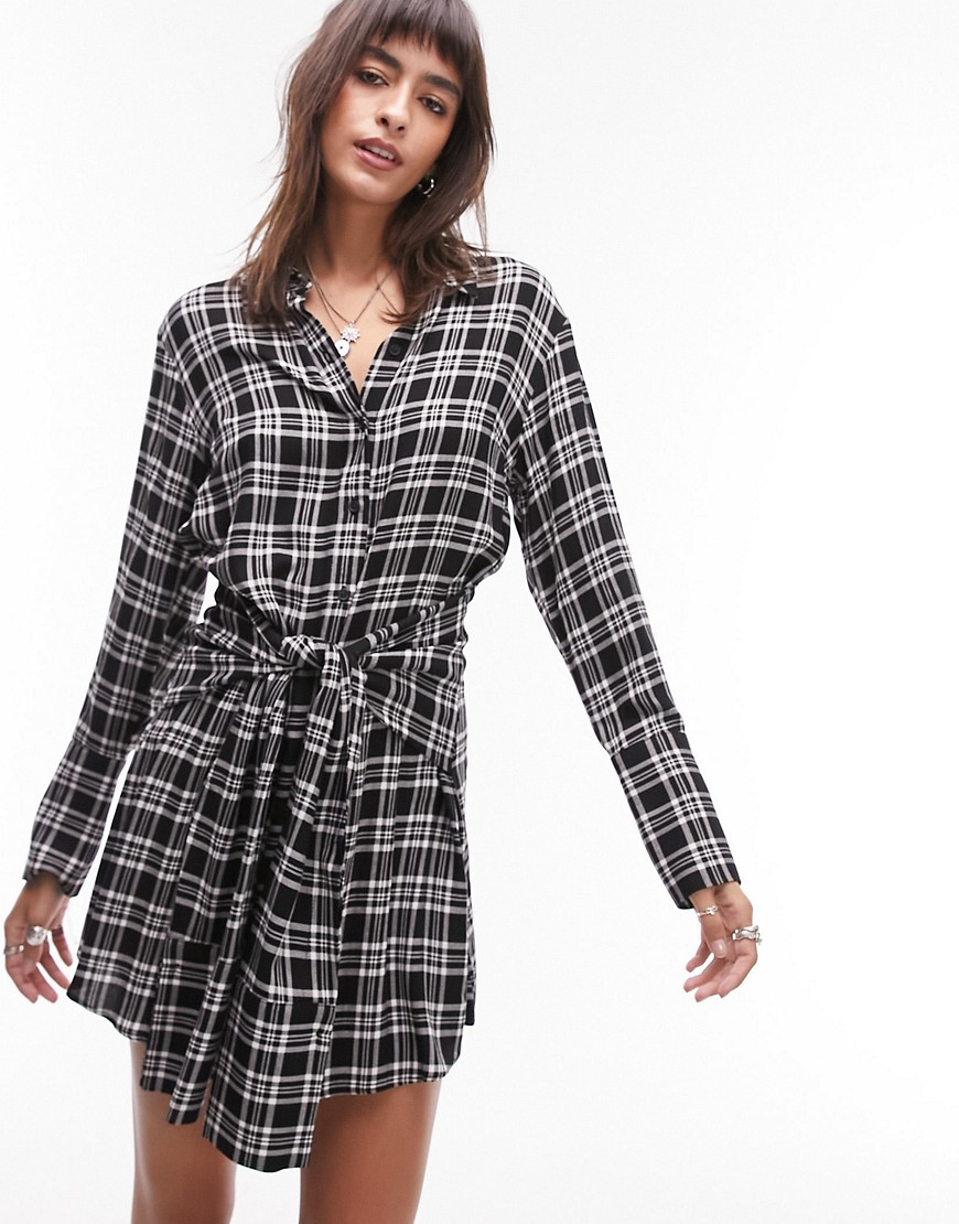 Topshop tie front mini shirt dress in check-Multi