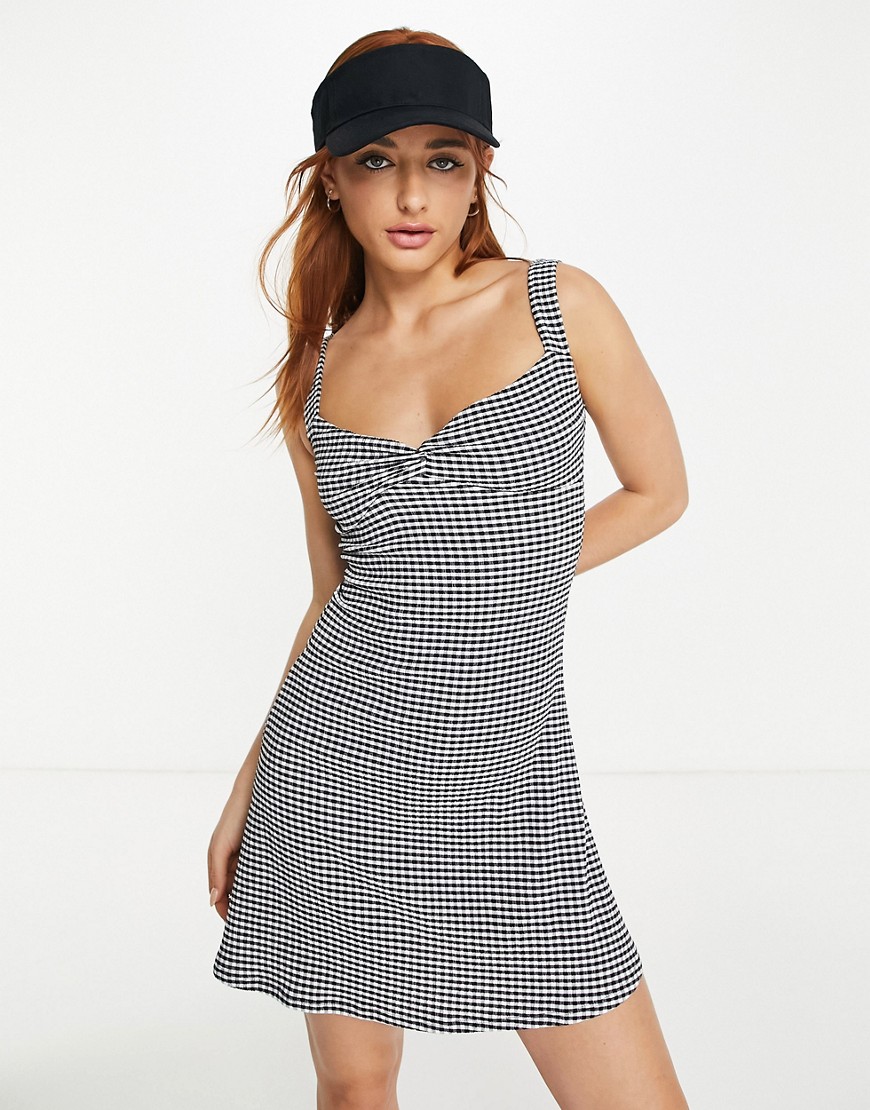 Topshop twist front cut out jersey gingham mini dress in monochrome-Multi