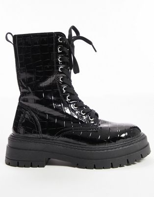Wide Fit Karter lace up boot in black patent