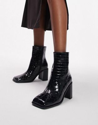Wide Fit Mae block heel ankle boot in black weave