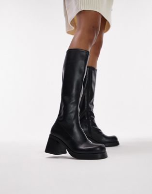 Wide Fit Maisie knee high block heel boot in black