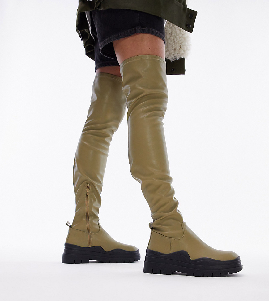 Topshop Wide Fit Martha over the knee stretch boot in olive-Green