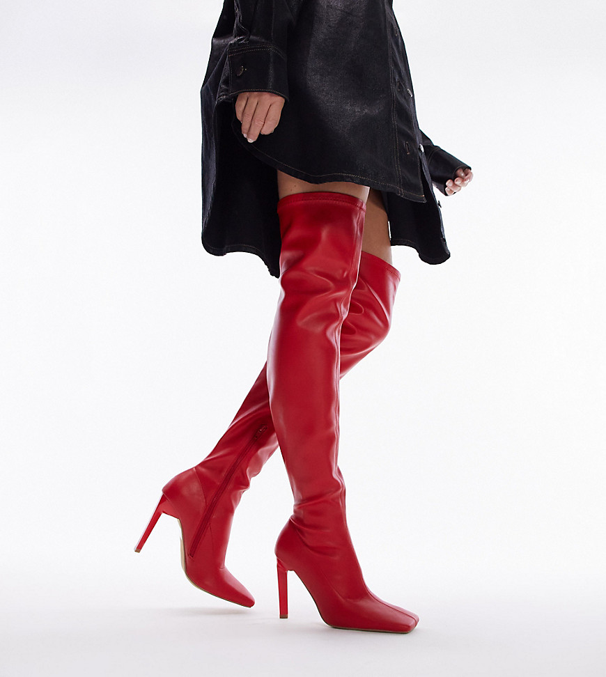 Topshop Wide Fit Mollie over the knee heeled sock boot in red
