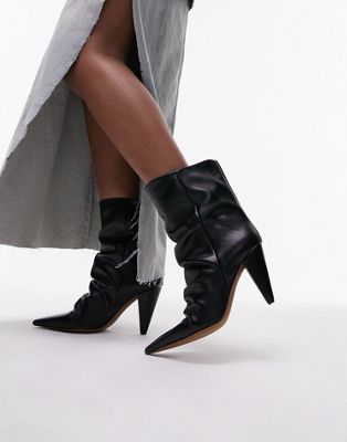 Topshop Wide Fit Nadia real leather pointed cone heel ankle boot in black