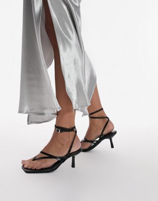 Wide Fit Nancy strappy toe post mid heeled sandal in black croc