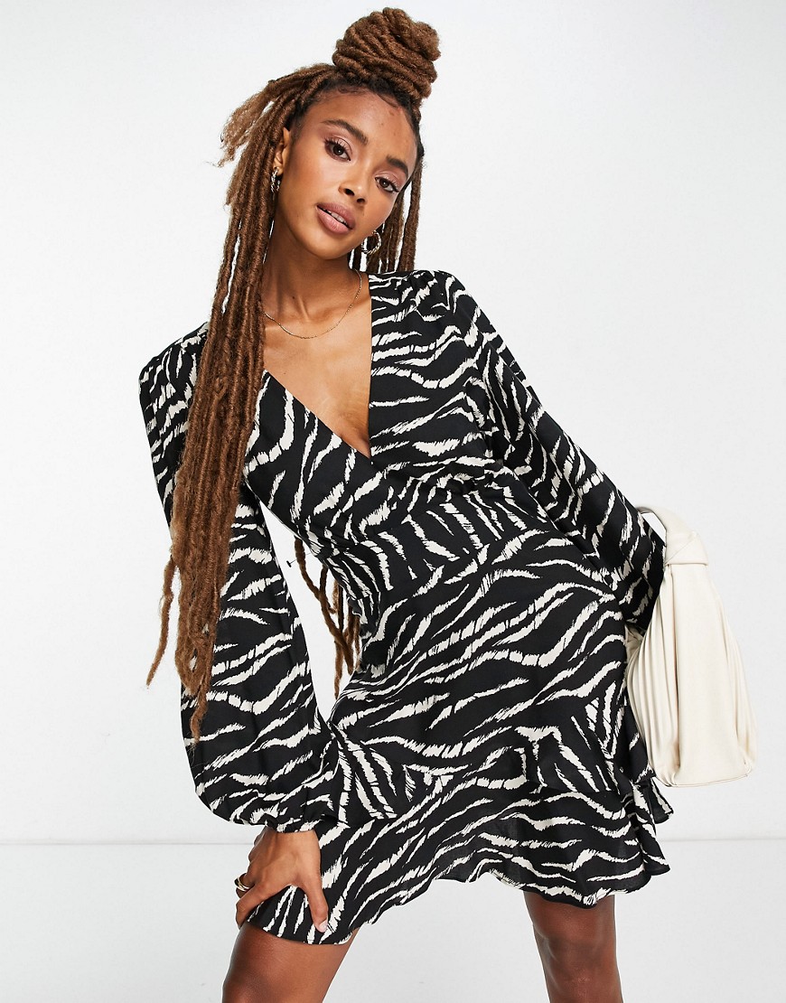 Topshop woven ruffle tea dress in zebra print-Multi