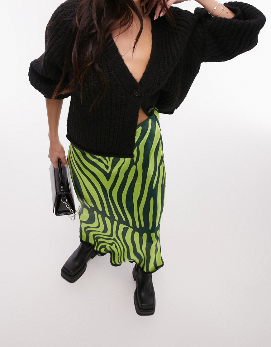 Topshop zebra print satin midi skirt in lime with black lace trim-Green