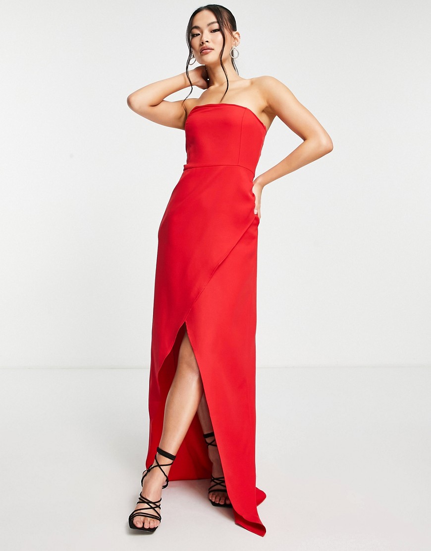 Trendyol wrap bandeau maxi dress with leg split in red