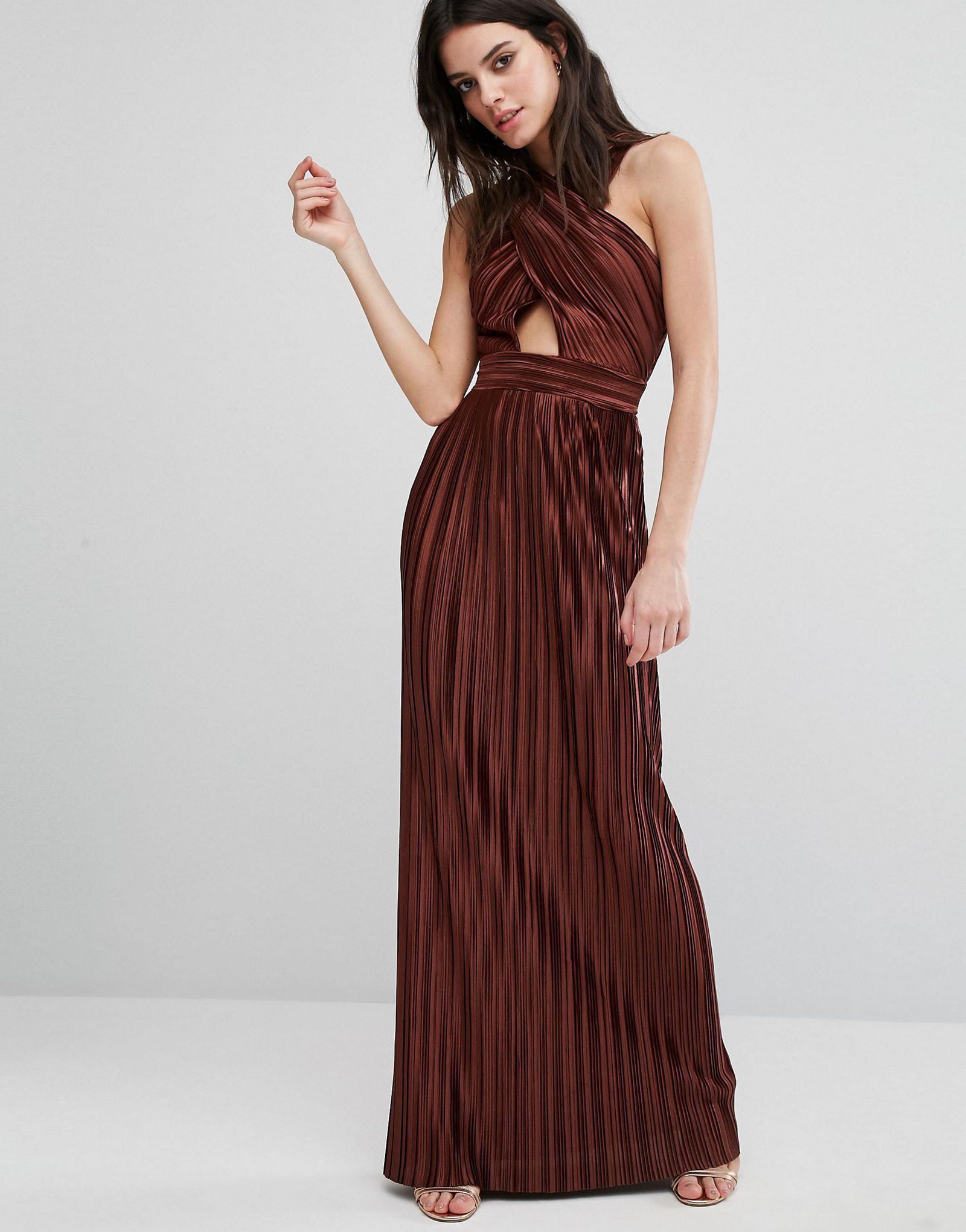 True Decadence Petite Allover Pleated Cross Front Open Back Maxi Dress