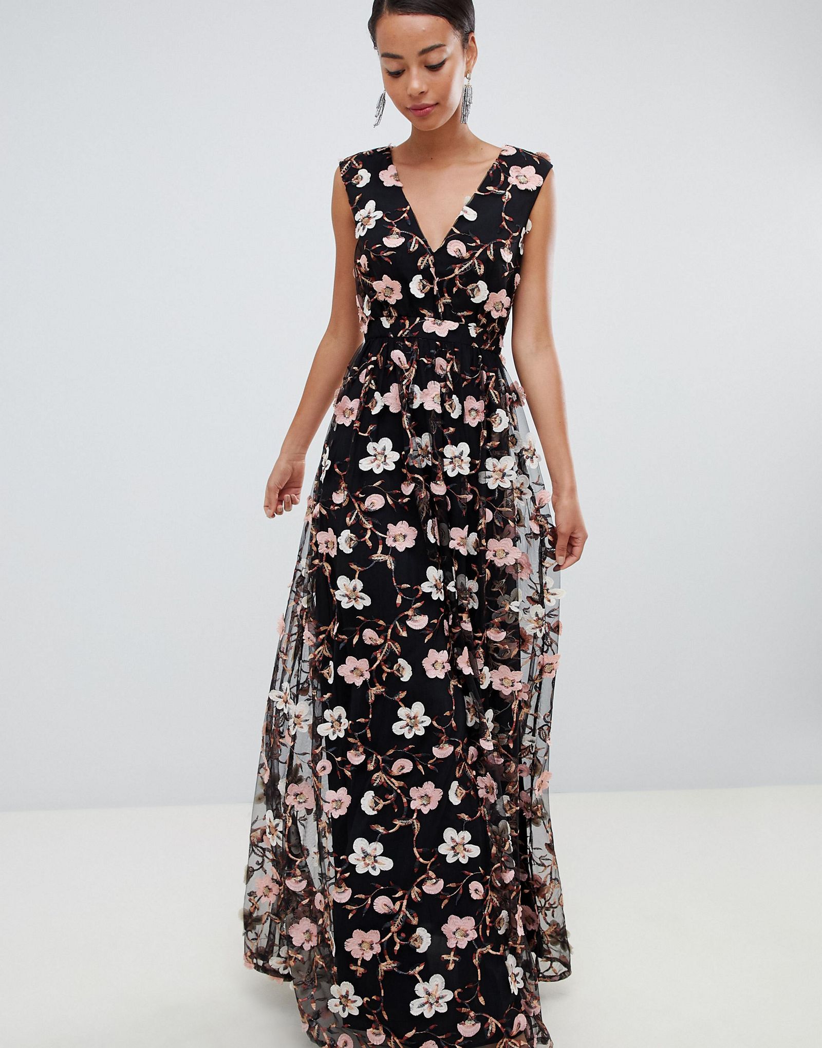 True Decadence Tall All Over Embroidered V Neck Maxi Dress