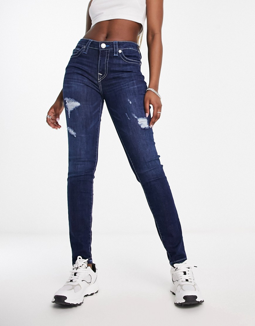 True Religion halle mid rise distressed skinny jeans in dark wash-Blue