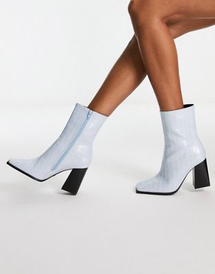 block heel square toe ankle boots in blue croc