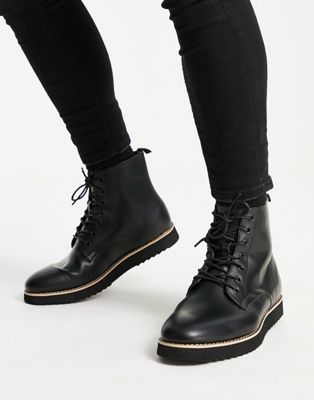 chunky miminal lace up boots in black faux leather
