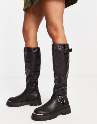 chunky riding boots in black faux leather