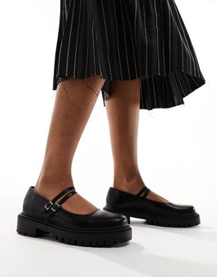 chunky sole mary jane double strap shoes in black