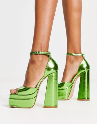 double platform sandals in green metallic