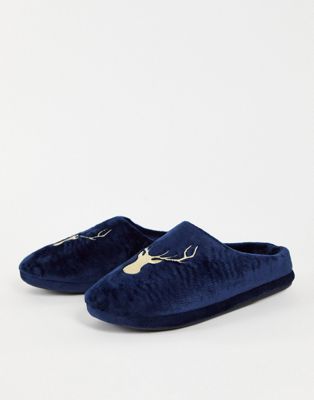 Truffle Collection embroidered stag mule slipper in navy