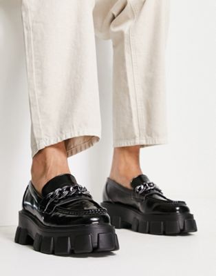 faux leather chunky chain loafers in black
