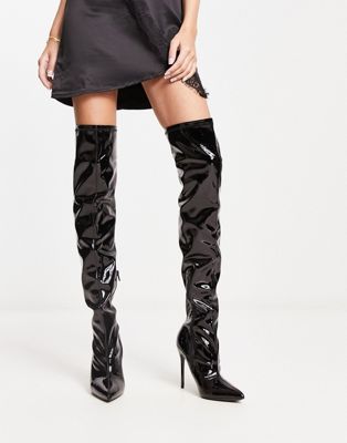 glam over the knee stiletto boots in black patent