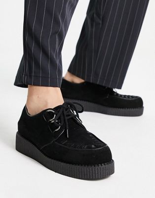 lace up creeper shoes in black micro suede