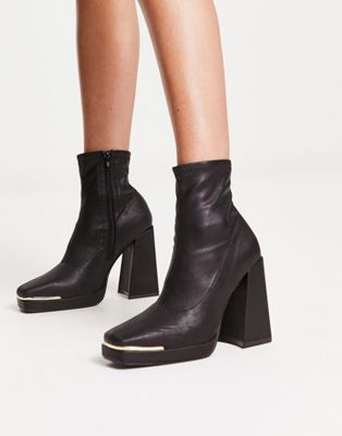 platform square toe boots with trim in black