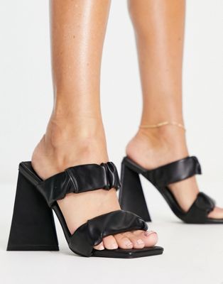 ruched double strap heeled mules in black