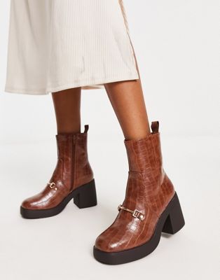 sqaure toe loafer trim boots in brown croc