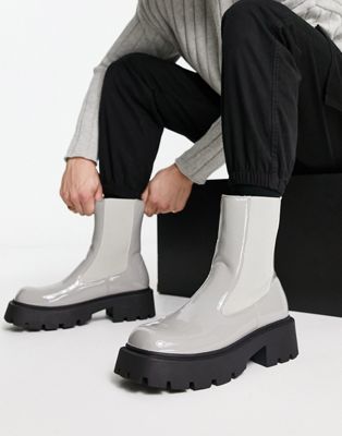 square toe chunky chelsea boots in grey faux leather