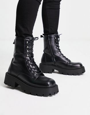 square toe chunky lace up boots in black faux leather