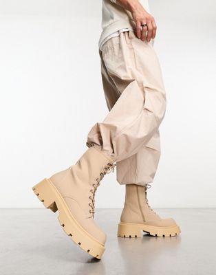 square toe chunky lace up boots in sand