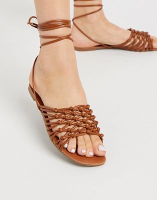square toe tie leg flat sandals in tan