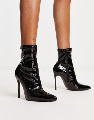 stilletto heel sock boots in black patent