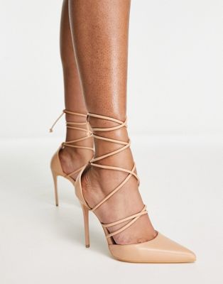turbular tie leg pointed stilletto heeled shoes in beige