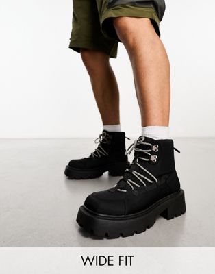 wide fit chunky hiker boots with bungee cord detail in black