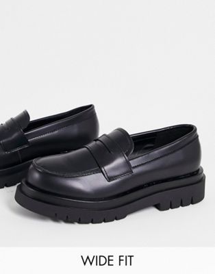 wide fit chunky loafers in black faux leather