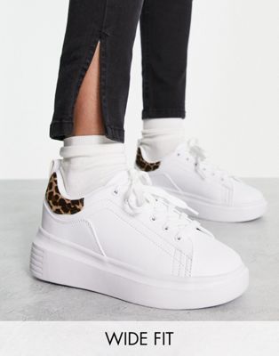 Wide Fit chunky trainers in white and leopard back tab