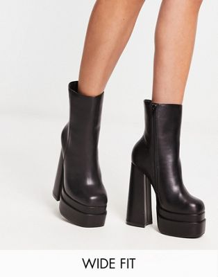 Wide Fit double platform heeled ankle boots in black