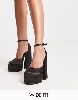 double platform heeled shoes in black satin