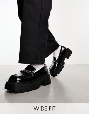 wide fit faux leather chunky chain loafers in black