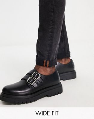 wide fit faux leather chunky monk shoes in black