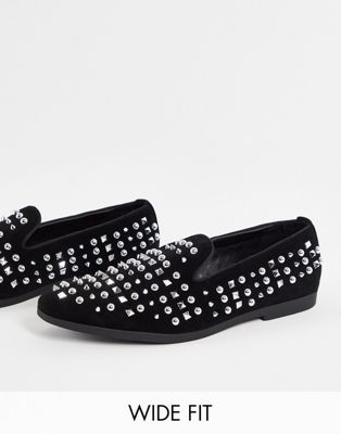 wide fit faux suede studded slip on loafers in black