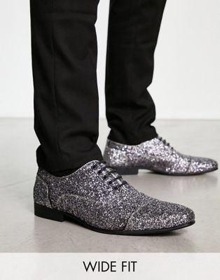 wide fit glitter oxford lace up shoes in pewter