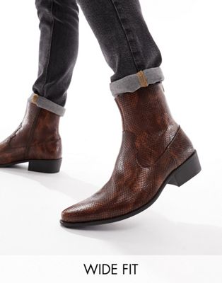 wide fit heeled western chelsea boots in brown snake